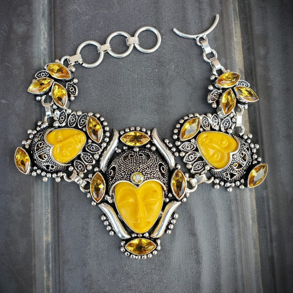 New Carved Yellow 3 Goddess Face Citrine 925 Silver Bracelet.